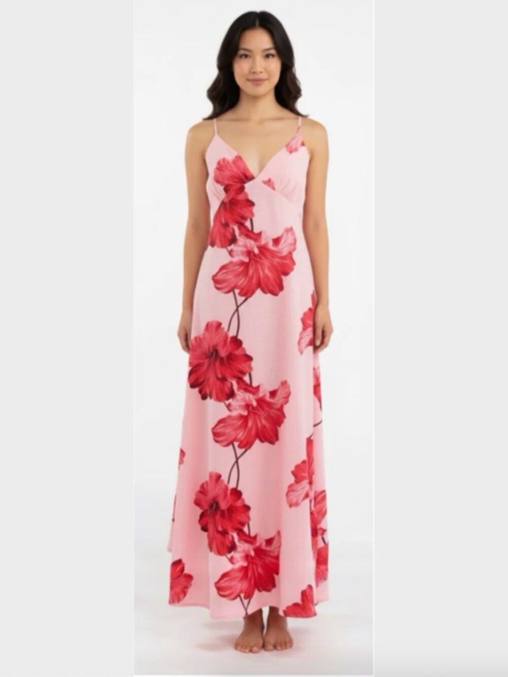 Paper Heart Linen-Blend Pink and Red Floral Maxi Dress - Size S